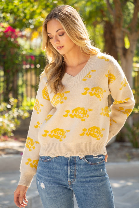 Yellow Rose Print V-neck Sweater