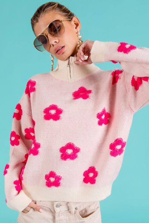 Zip Up Floral Turtle Neck