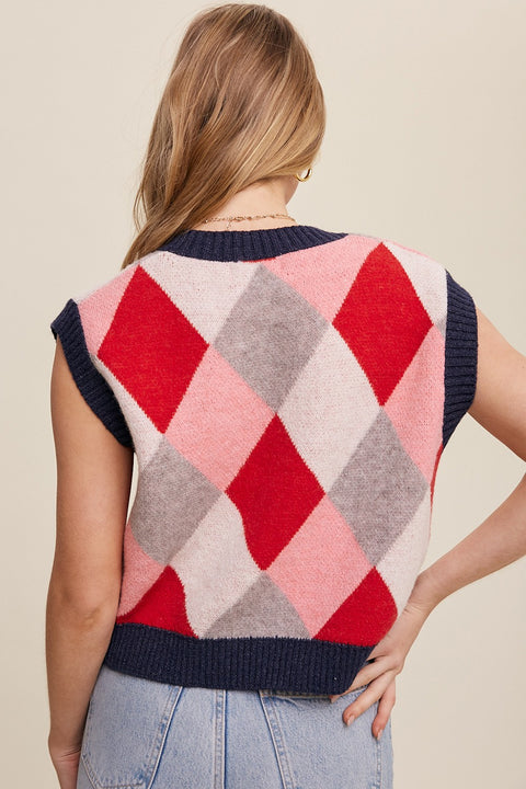 Red Argyle Cropped Sweater Vest