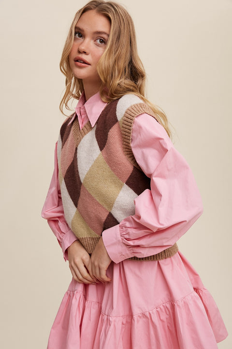 Pink Argyle Cropped Sweater Vest