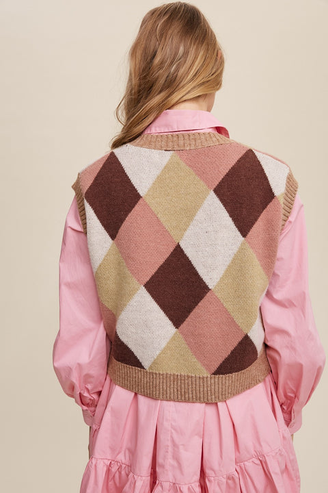 Pink Argyle Cropped Sweater Vest