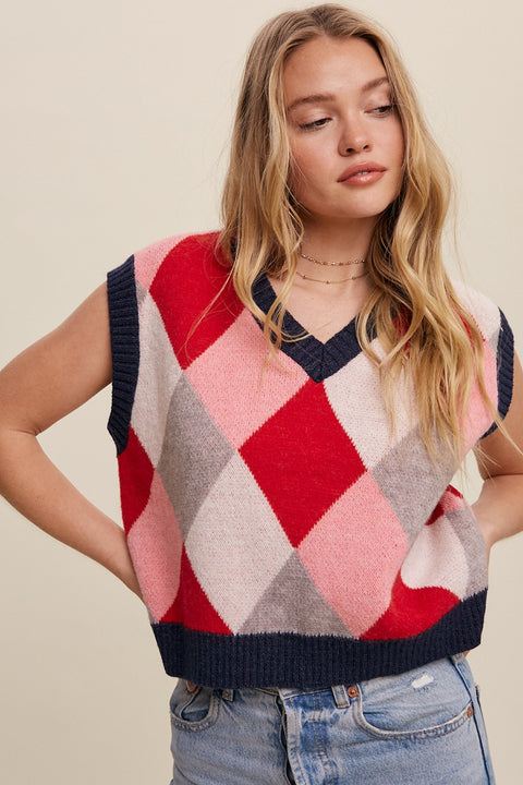 Red Argyle Cropped Sweater Vest