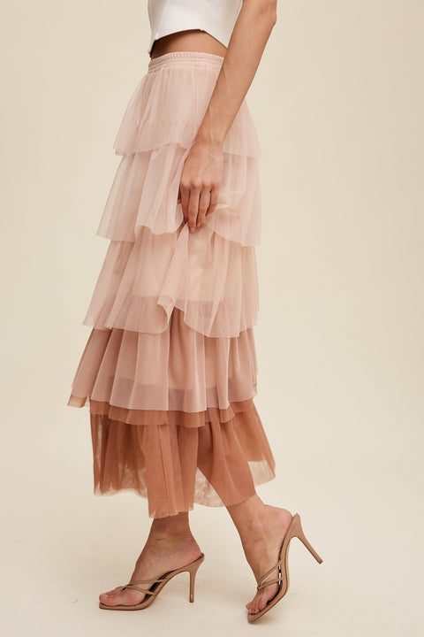 Gradient Style Tiered Mesh Skirt - Mocha