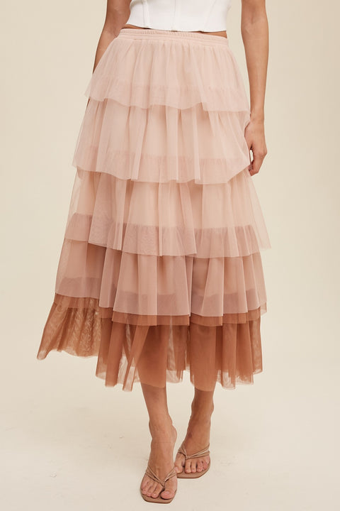Gradient Style Tiered Mesh Skirt - Mocha