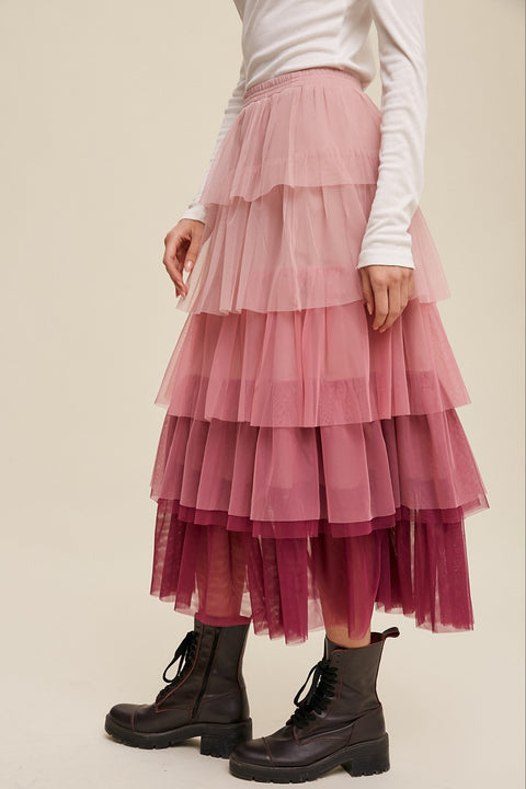 Gradient Style Tiered Mesh Skirt - Magenta