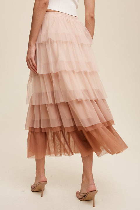 Gradient Style Tiered Mesh Skirt - Mocha