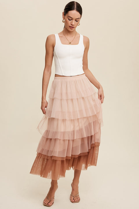 Gradient Style Tiered Mesh Skirt - Mocha