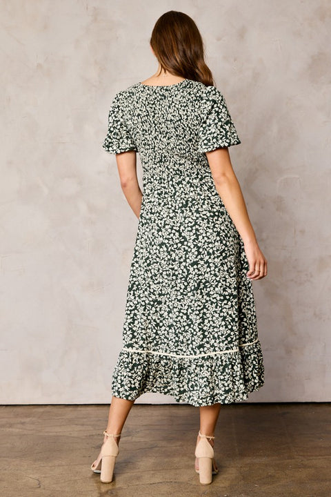 Floral Smocked Top Dress Olive