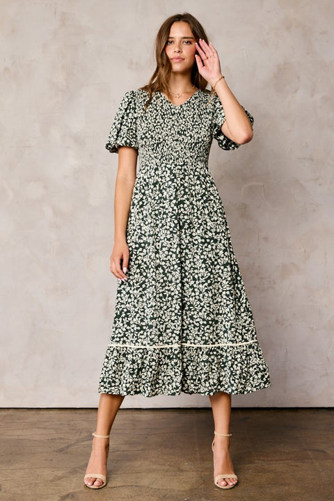Floral Smocked Top Dress Olive