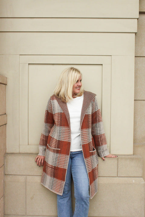 Rust Plaid Long Cardigan