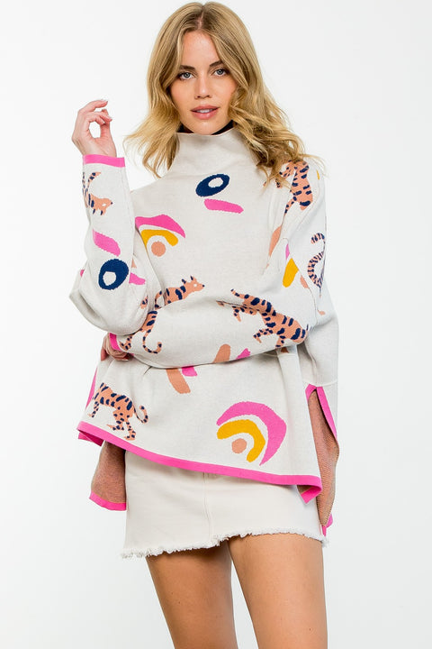 Funnel Neck Print Sweater