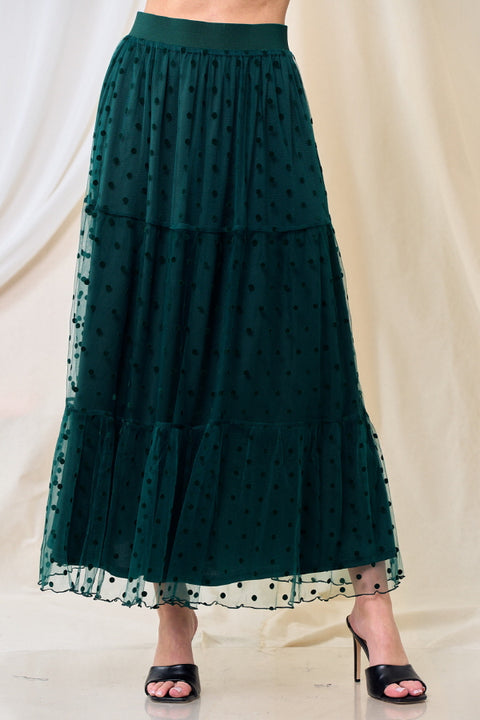 Mesh Dot Tiered Maxi Skirt - Forest