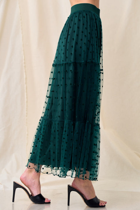 Mesh Dot Tiered Maxi Skirt - Forest