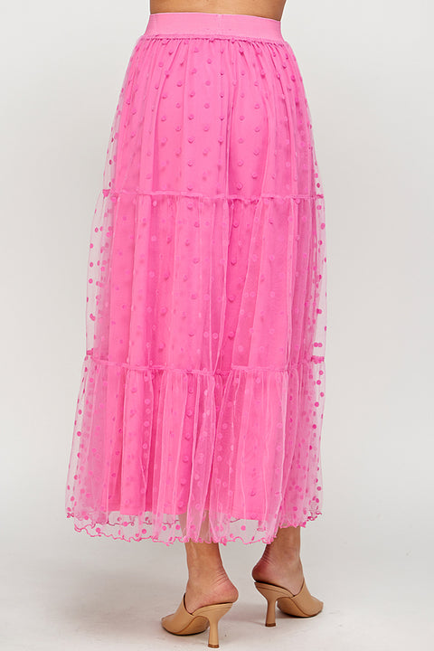 Mesh Dot Tiered Maxi Skirt - Fuchsia