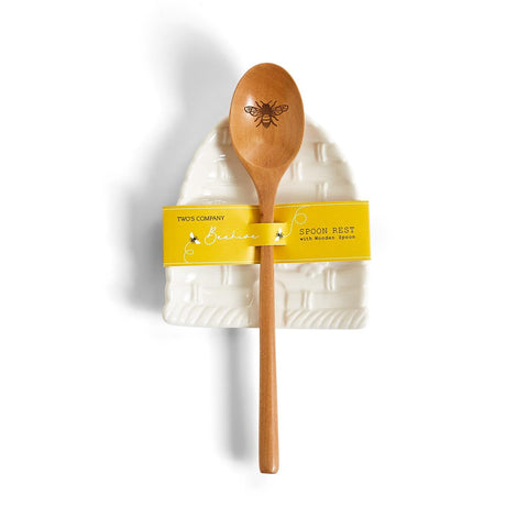 Bee Skep Spoon Rest W/Wood Spoon