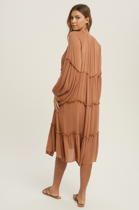 Balloon Slv Dress W/Ruffle Cinnamon