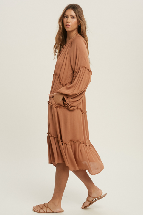 Balloon Slv Dress W/Ruffle Cinnamon