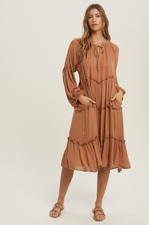 Balloon Slv Dress W/Ruffle Cinnamon