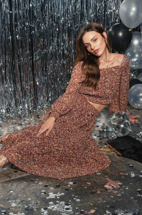 Floral Maxi Skirt Burgundy Multi