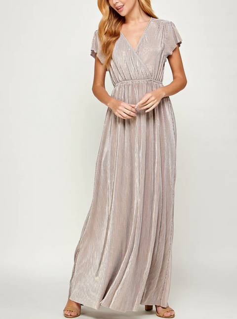 Metallic Pleated Wrap Dress Grey/Gold