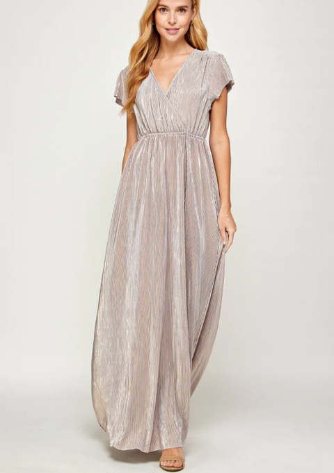 Metallic Pleated Wrap Dress Grey/Gold