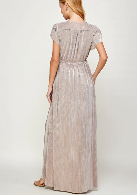 Metallic Pleated Wrap Dress Grey/Gold