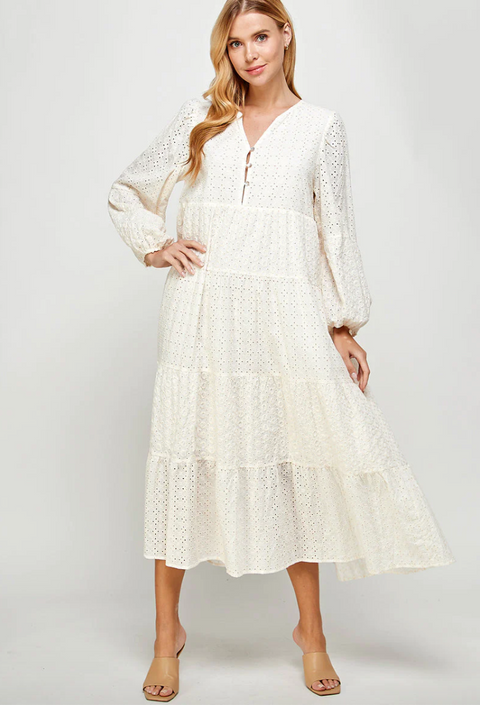 Eyelet Lace Tiered Midi Dress Cream