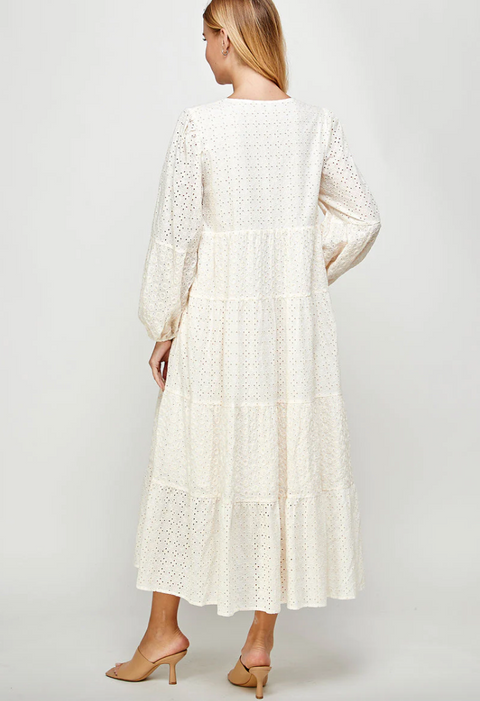 Eyelet Lace Tiered Midi Dress Cream