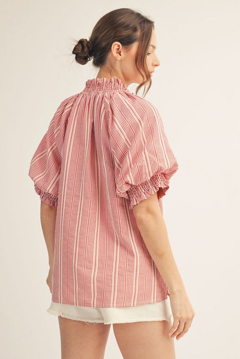 Ruffle Neck Puff Sleeve Blouse