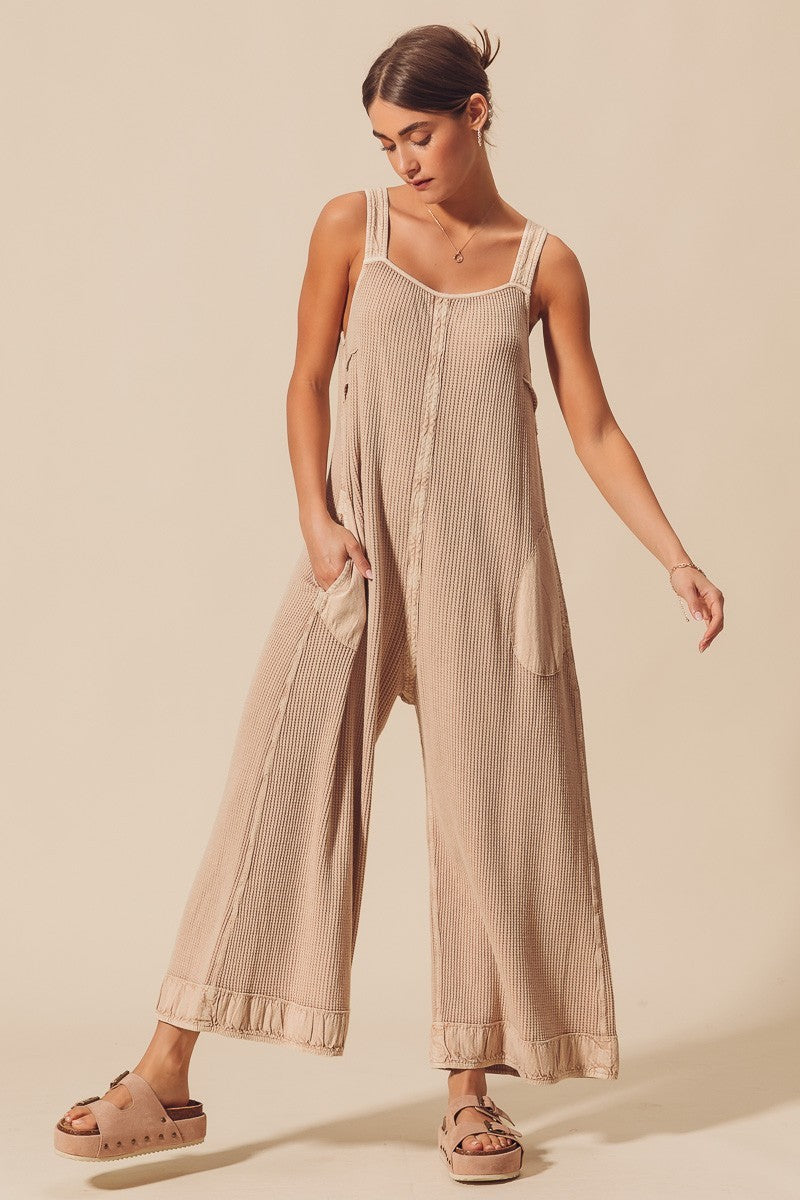 THERMAL WAFFLE WIDE LEG OVERALLS