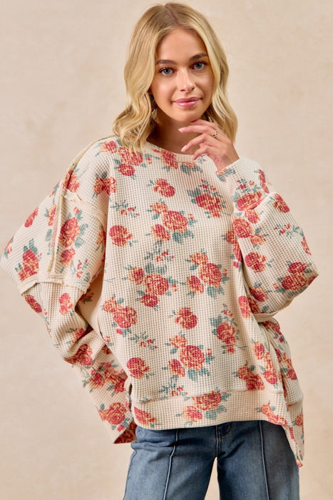 Floral Cut Edge Oversized Waffle Sweatshirt