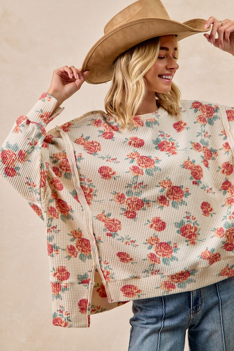 Floral Cut Edge Oversized Waffle Sweatshirt