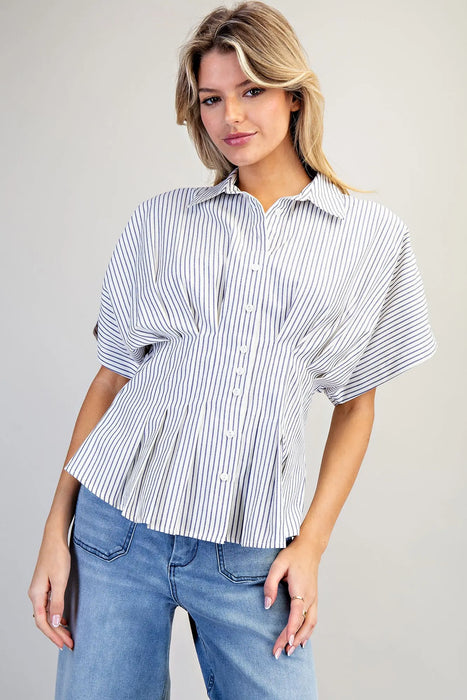 Striped Pleated Button Down Top