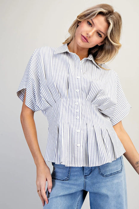 Striped Pleated Button Down Top
