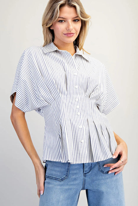 Striped Pleated Button Down Top