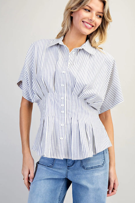 Striped Pleated Button Down Top