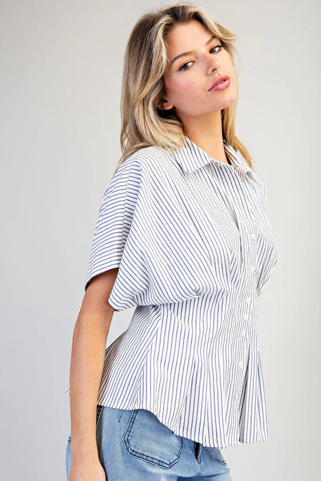 Striped Pleated Button Down Top