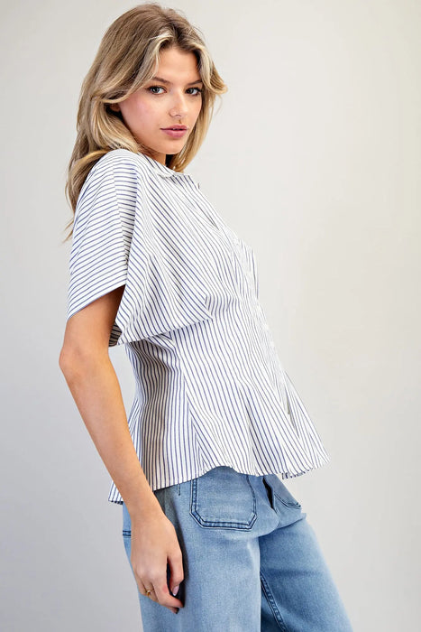 Striped Pleated Button Down Top