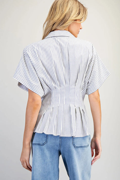 Striped Pleated Button Down Top