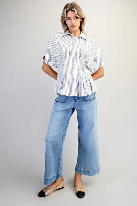 Striped Pleated Button Down Top