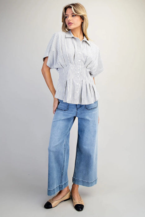 Striped Pleated Button Down Top
