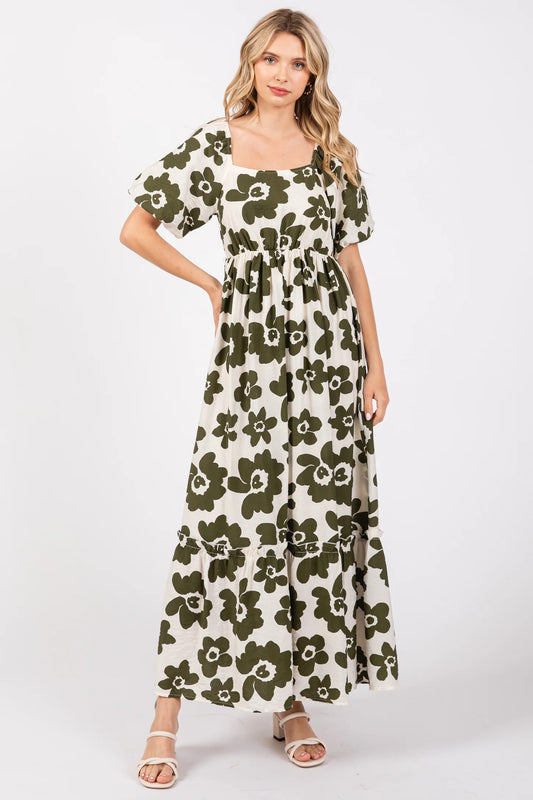 OLIVE FLORAL BUBBLE SLEEVE DRESS