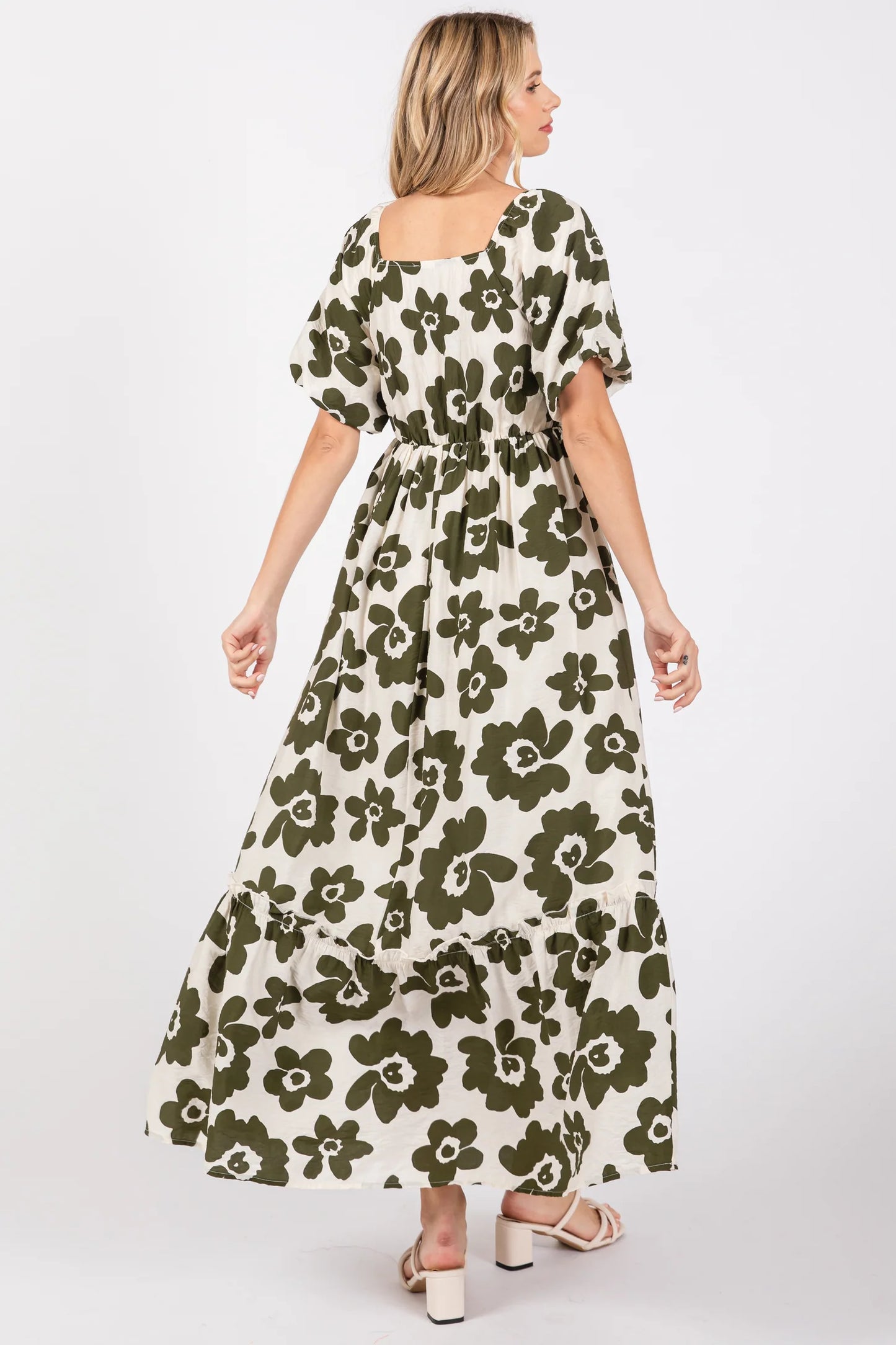 OLIVE FLORAL BUBBLE SLEEVE DRESS