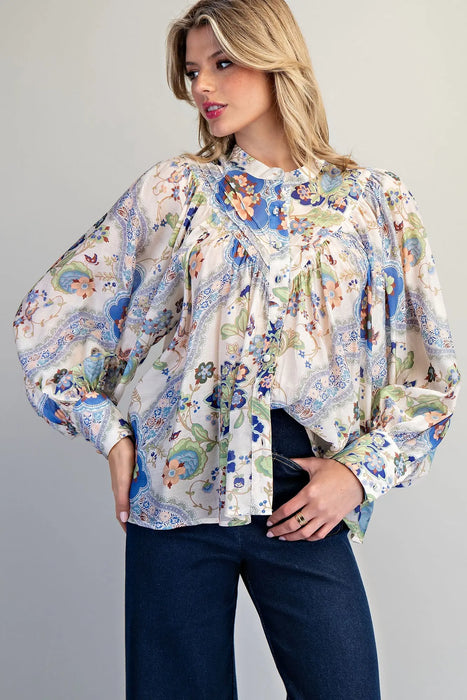 Button Paisley Printed Blouse