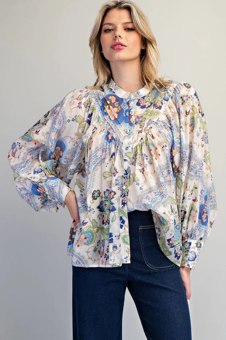 Button Paisley Printed Blouse