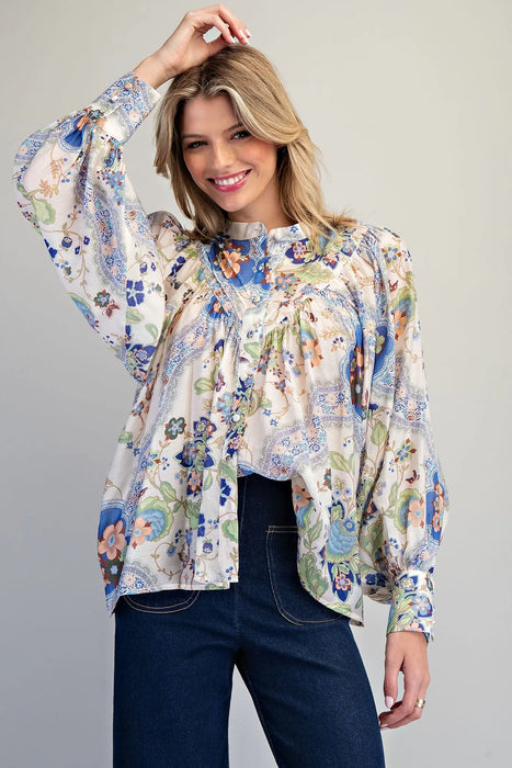 Button Paisley Printed Blouse