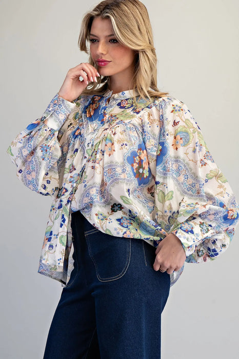 Button Paisley Printed Blouse