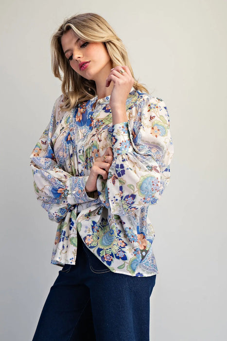 Button Paisley Printed Blouse