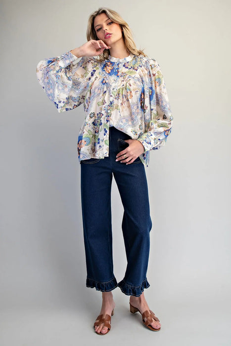 Button Paisley Printed Blouse