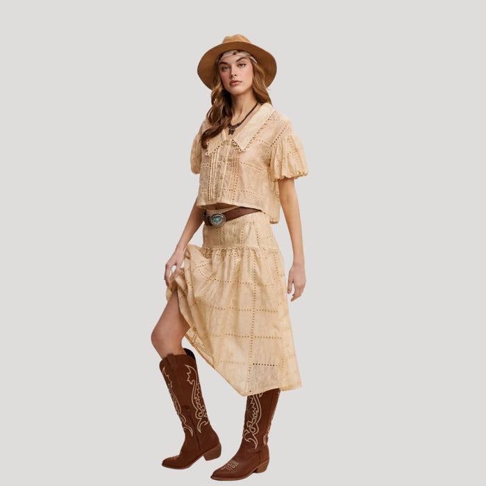 Eyelet Collared Blouse Top & Skirt SET Biscuit